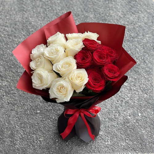 Whispers of Love — Red and White Roses in Midnight Harmony